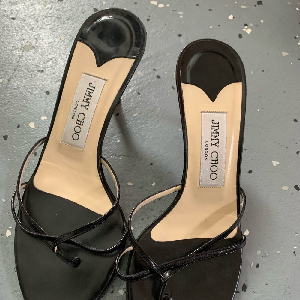Jimmy Choo black leather slip in heel. 38